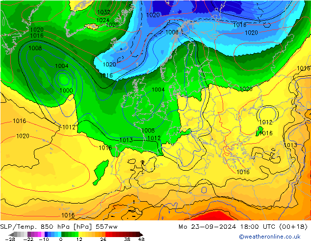 SLP/Temp. 850 hPa 557ww lun 23.09.2024 18 UTC