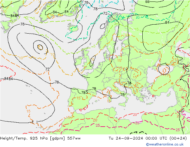 Height/Temp. 925 hPa 557ww Út 24.09.2024 00 UTC