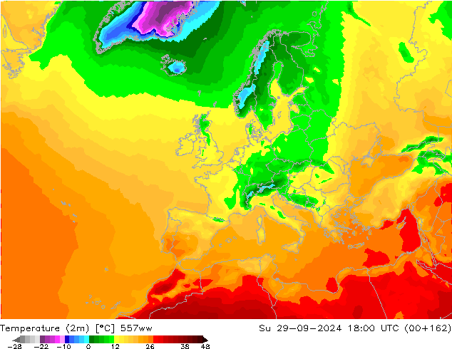 mapa temperatury (2m) 557ww nie. 29.09.2024 18 UTC