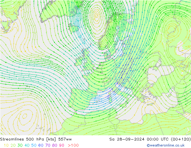 Streamlines 500 hPa 557ww So 28.09.2024 00 UTC