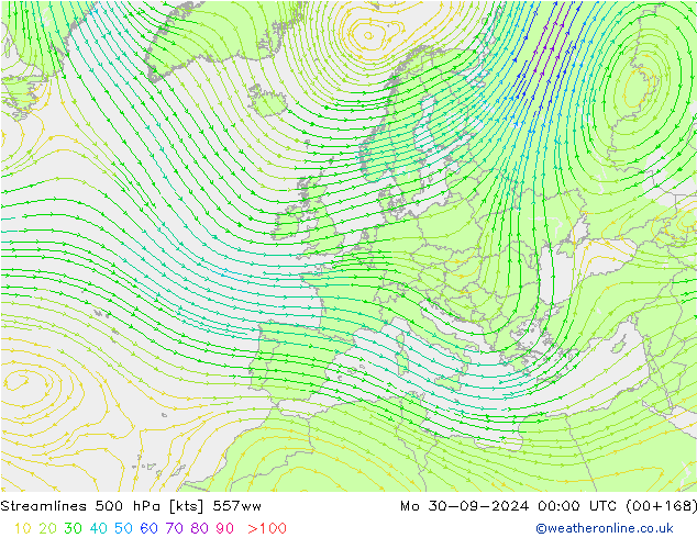 Linea di flusso 500 hPa 557ww lun 30.09.2024 00 UTC