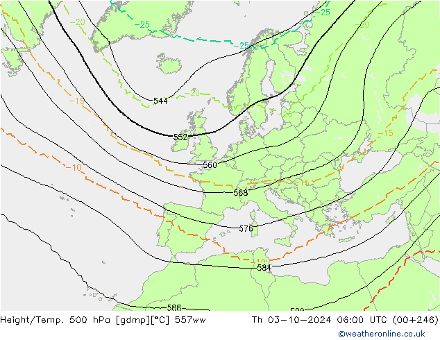 Height/Temp. 500 hPa 557ww Th 03.10.2024 06 UTC