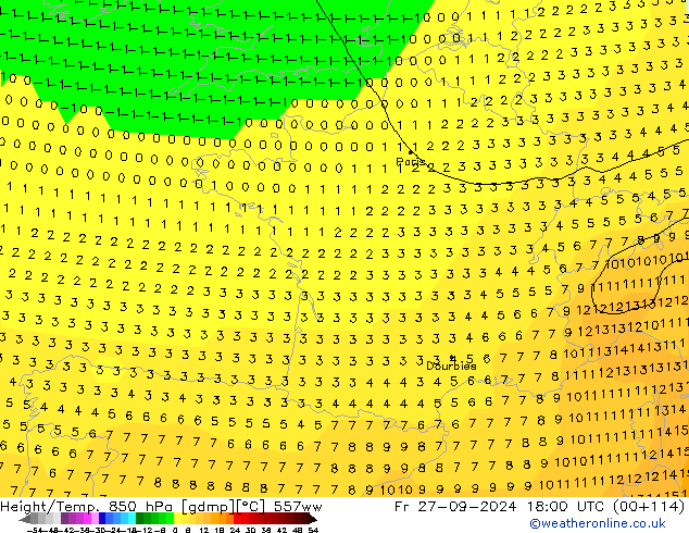 Height/Temp. 850 hPa 557ww Fr 27.09.2024 18 UTC