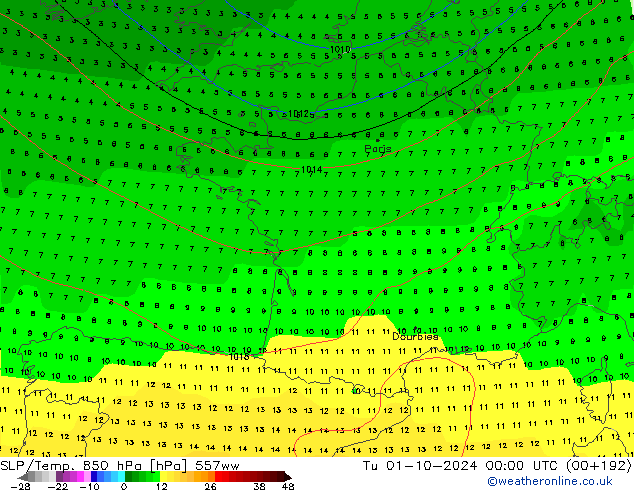 SLP/Temp. 850 hPa 557ww Tu 01.10.2024 00 UTC