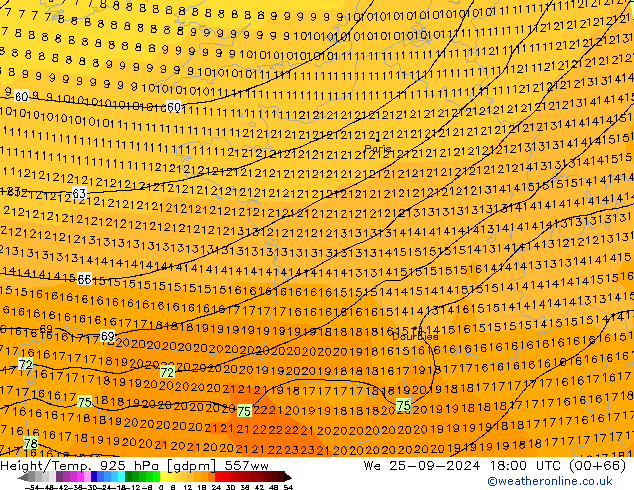 Height/Temp. 925 hPa 557ww We 25.09.2024 18 UTC