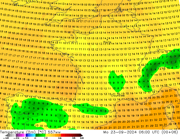 Temperaturkarte (2m) 557ww Mo 23.09.2024 06 UTC