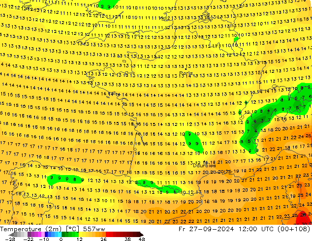 Temperature (2m) 557ww Fr 27.09.2024 12 UTC