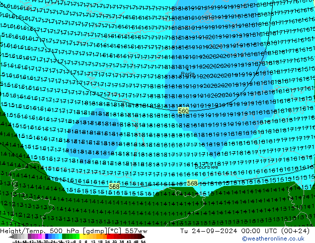 Height/Temp. 500 hPa 557ww Tu 24.09.2024 00 UTC