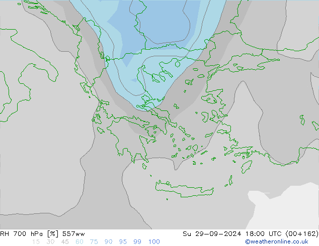 Humedad rel. 700hPa 557ww dom 29.09.2024 18 UTC