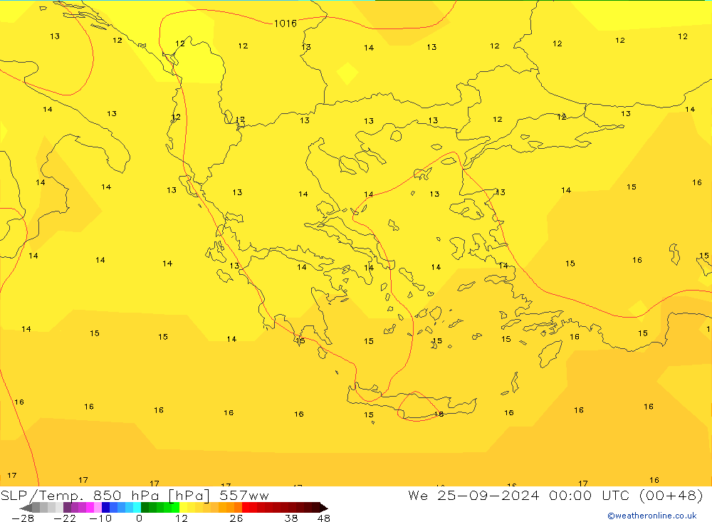 SLP/Temp. 850 hPa 557ww mer 25.09.2024 00 UTC