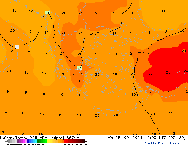 Height/Temp. 925 hPa 557ww śro. 25.09.2024 12 UTC