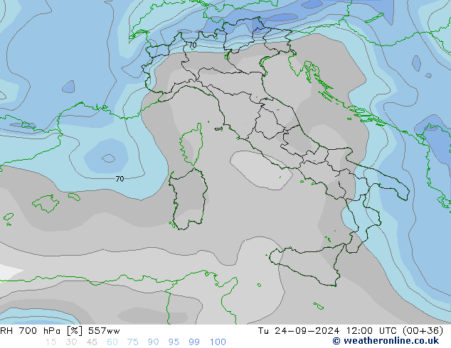 RH 700 hPa 557ww Tu 24.09.2024 12 UTC