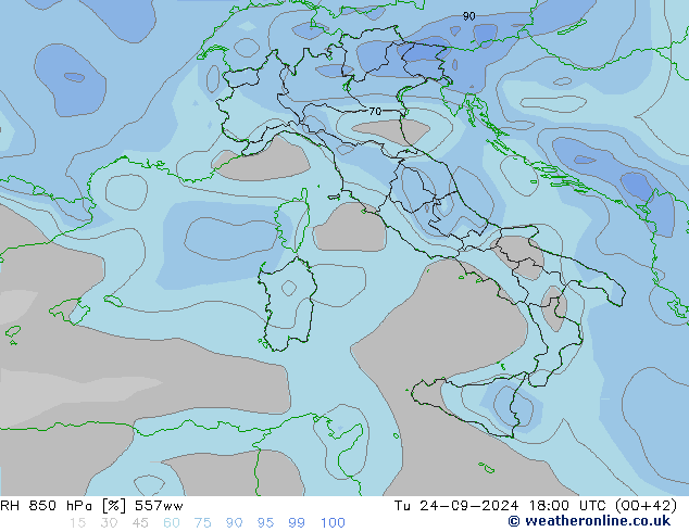 RH 850 hPa 557ww Tu 24.09.2024 18 UTC