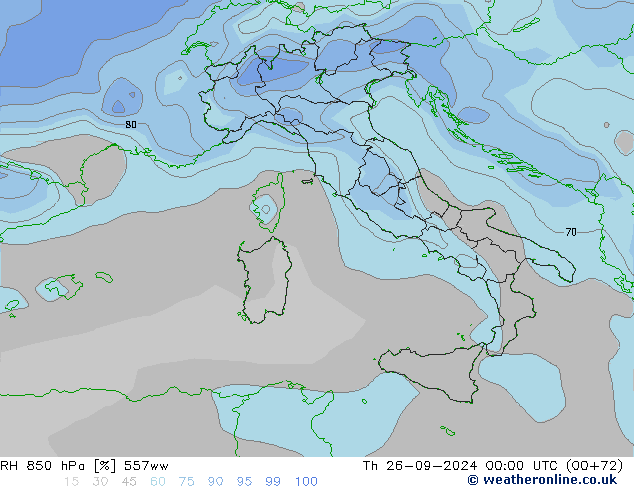 RH 850 hPa 557ww czw. 26.09.2024 00 UTC