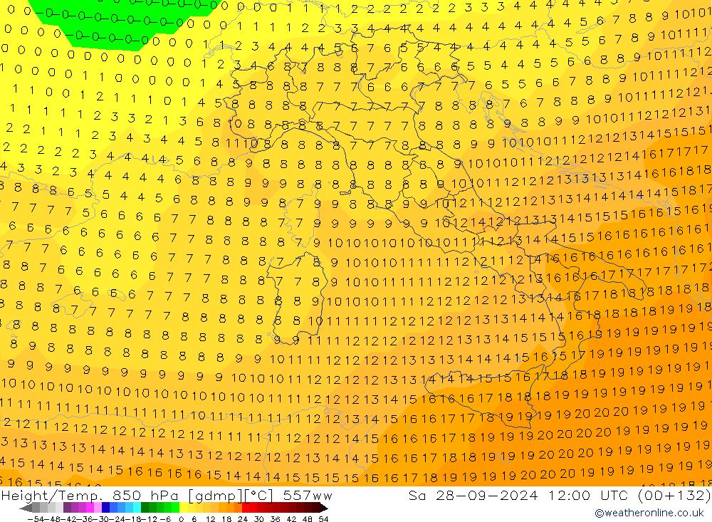 Géop./Temp. 850 hPa 557ww sam 28.09.2024 12 UTC