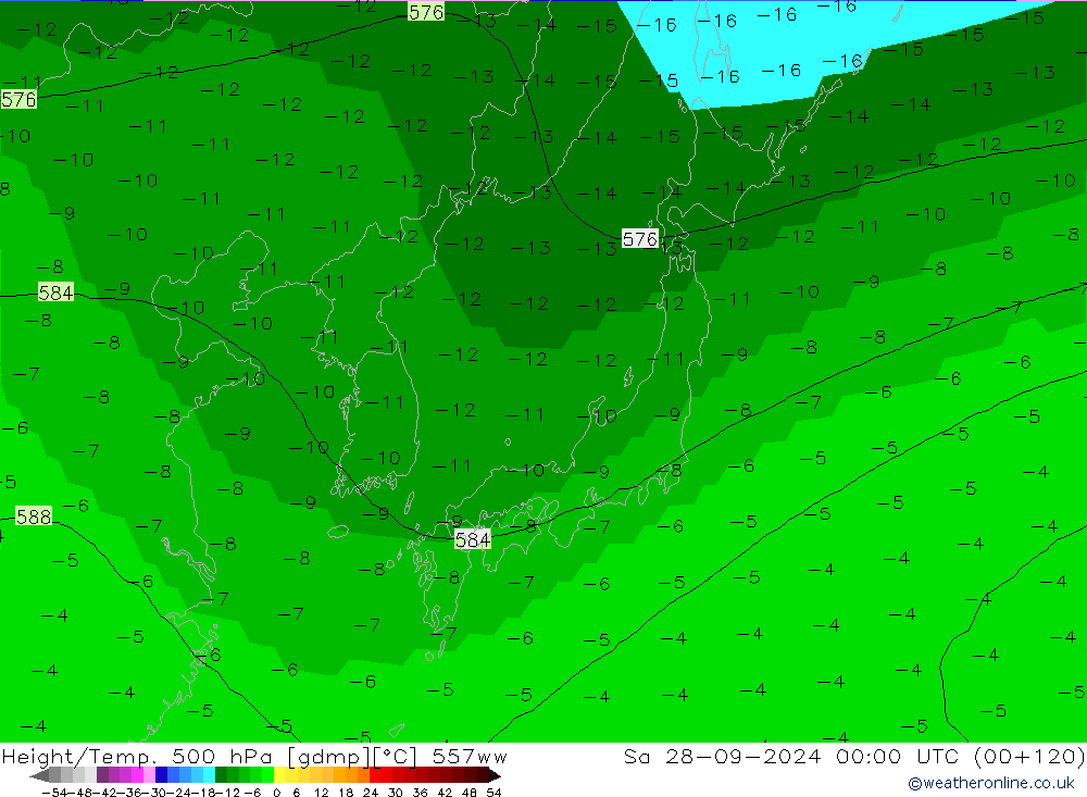 Hoogte/Temp. 500 hPa 557ww za 28.09.2024 00 UTC