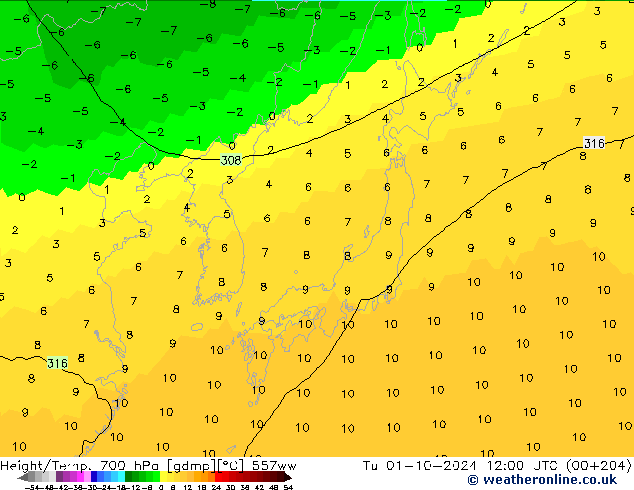 Géop./Temp. 700 hPa 557ww mar 01.10.2024 12 UTC