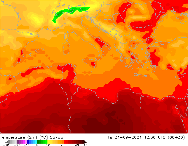 mapa temperatury (2m) 557ww wto. 24.09.2024 12 UTC