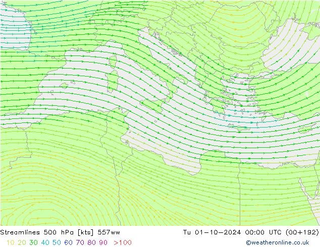 Streamlines 500 hPa 557ww Tu 01.10.2024 00 UTC