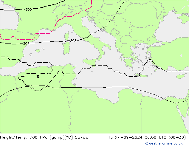 Height/Temp. 700 hPa 557ww Tu 24.09.2024 06 UTC