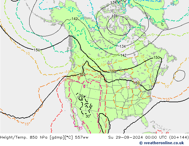 Height/Temp. 850 hPa 557ww So 29.09.2024 00 UTC