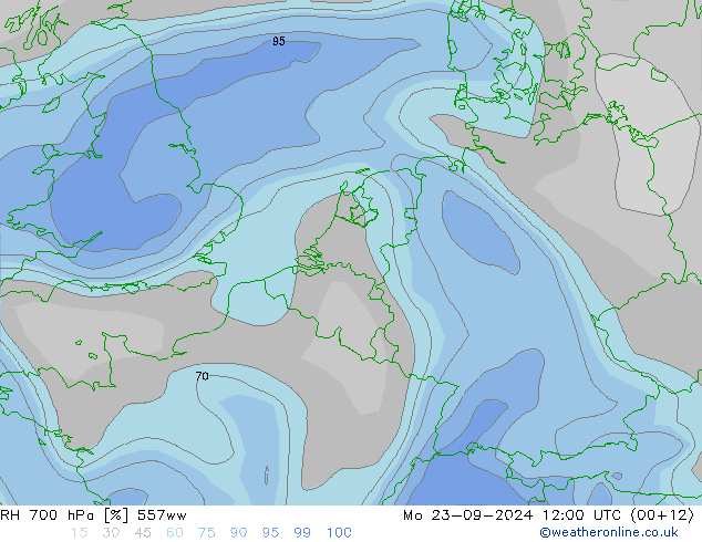 Humedad rel. 700hPa 557ww lun 23.09.2024 12 UTC