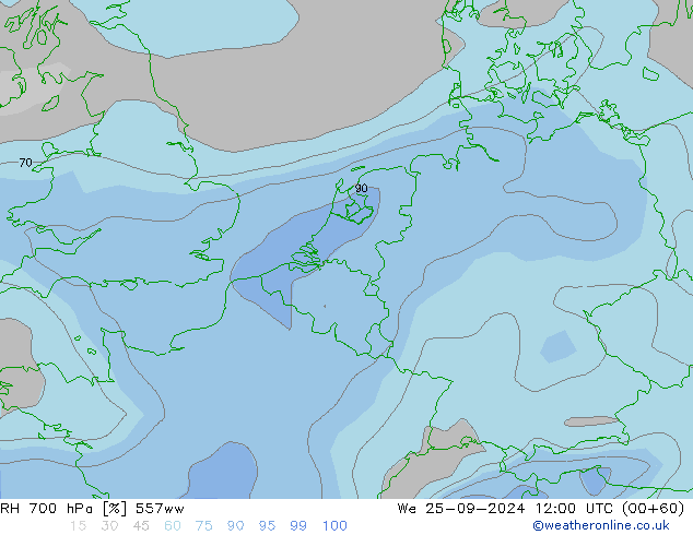 RH 700 hPa 557ww We 25.09.2024 12 UTC