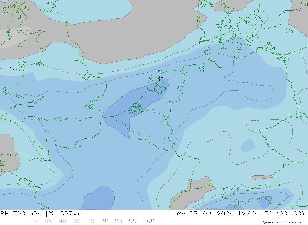 RH 700 hPa 557ww We 25.09.2024 12 UTC