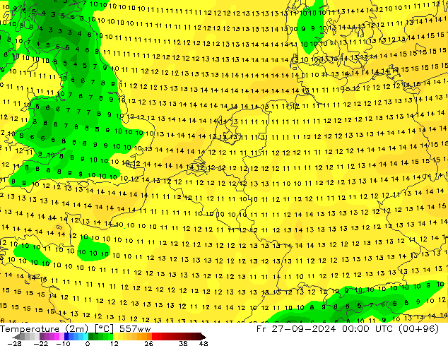 Temperaturkarte (2m) 557ww Fr 27.09.2024 00 UTC