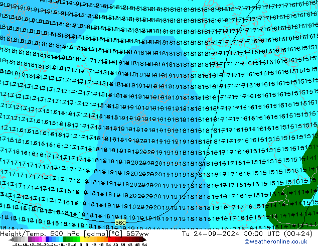 Hoogte/Temp. 500 hPa 557ww di 24.09.2024 00 UTC