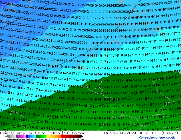 Height/Temp. 500 hPa 557ww Th 26.09.2024 00 UTC