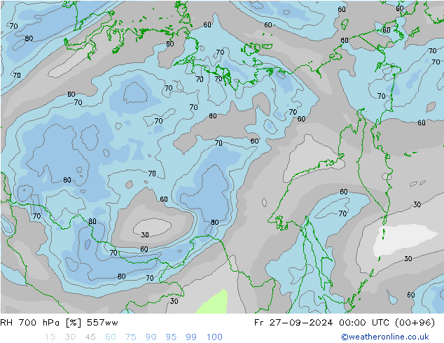 RH 700 hPa 557ww ven 27.09.2024 00 UTC