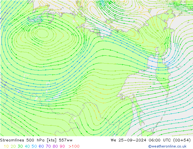 Linia prądu 500 hPa 557ww śro. 25.09.2024 06 UTC