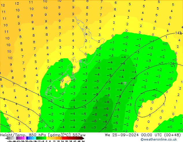 Height/Temp. 850 hPa 557ww We 25.09.2024 00 UTC