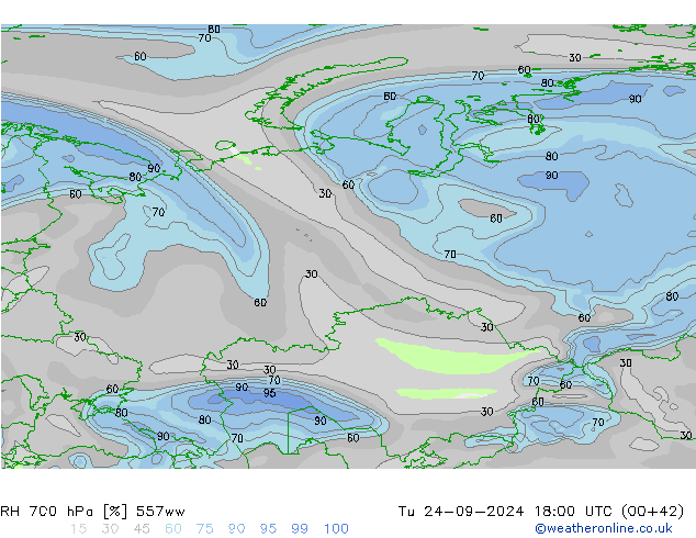 RH 700 hPa 557ww Ter 24.09.2024 18 UTC