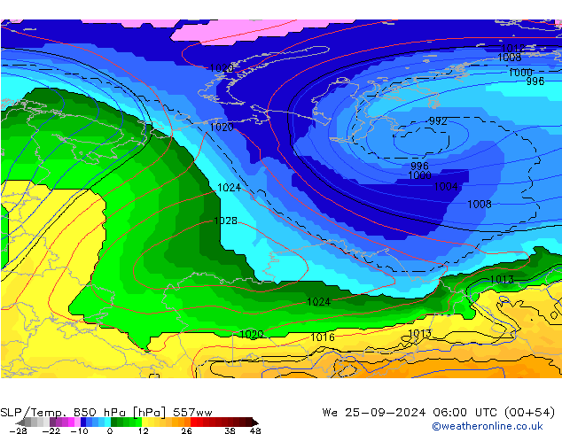 SLP/Temp. 850 hPa 557ww St 25.09.2024 06 UTC