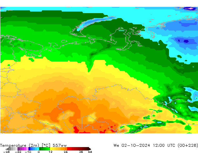 Temperature (2m) 557ww We 02.10.2024 12 UTC