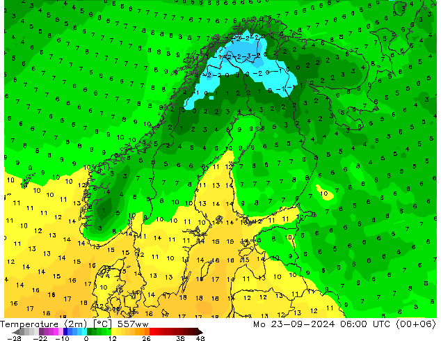 Temperature (2m) 557ww Mo 23.09.2024 06 UTC