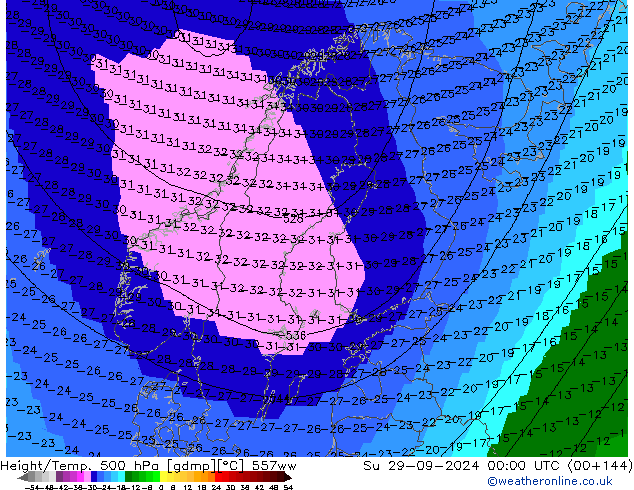 Hoogte/Temp. 500 hPa 557ww zo 29.09.2024 00 UTC