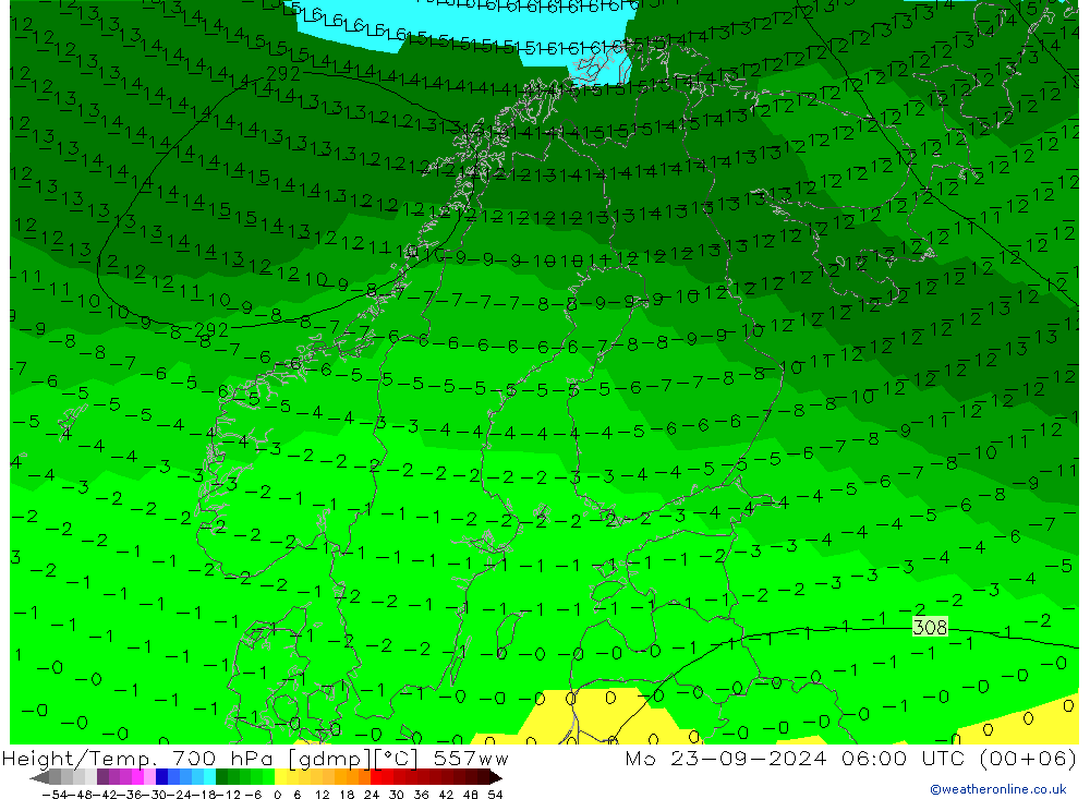 Height/Temp. 700 hPa 557ww Mo 23.09.2024 06 UTC