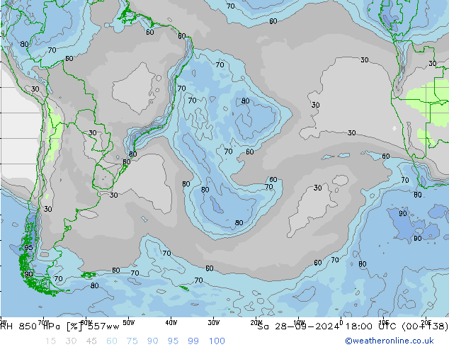 Humidité rel. 850 hPa 557ww sam 28.09.2024 18 UTC