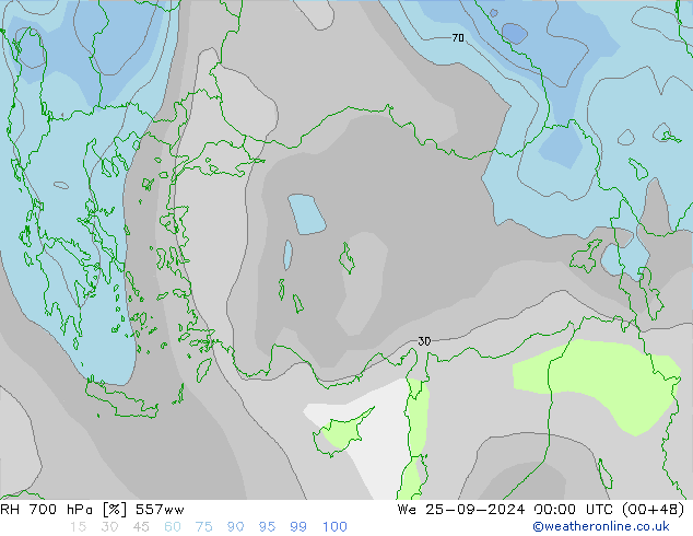 RH 700 hPa 557ww Mi 25.09.2024 00 UTC