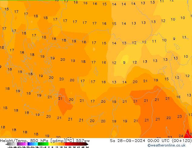 Height/Temp. 850 hPa 557ww so. 28.09.2024 00 UTC