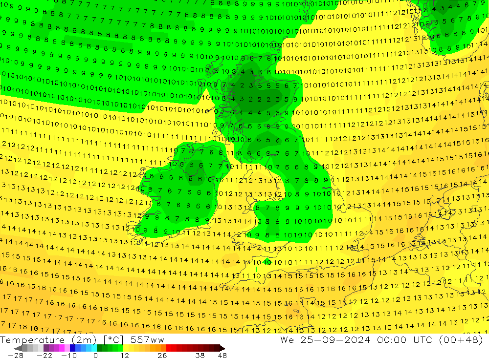 Temperatura (2m) 557ww Qua 25.09.2024 00 UTC