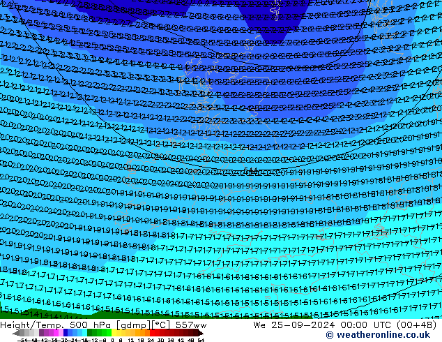 Height/Temp. 500 hPa 557ww mer 25.09.2024 00 UTC