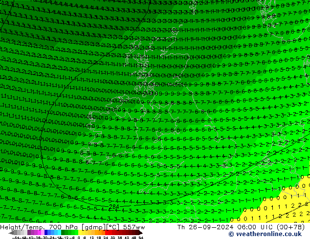 Géop./Temp. 700 hPa 557ww jeu 26.09.2024 06 UTC