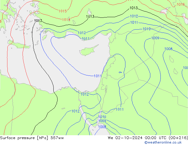 Presión superficial 557ww mié 02.10.2024 00 UTC