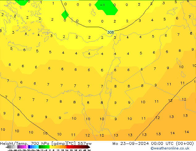 Height/Temp. 700 hPa 557ww pon. 23.09.2024 00 UTC