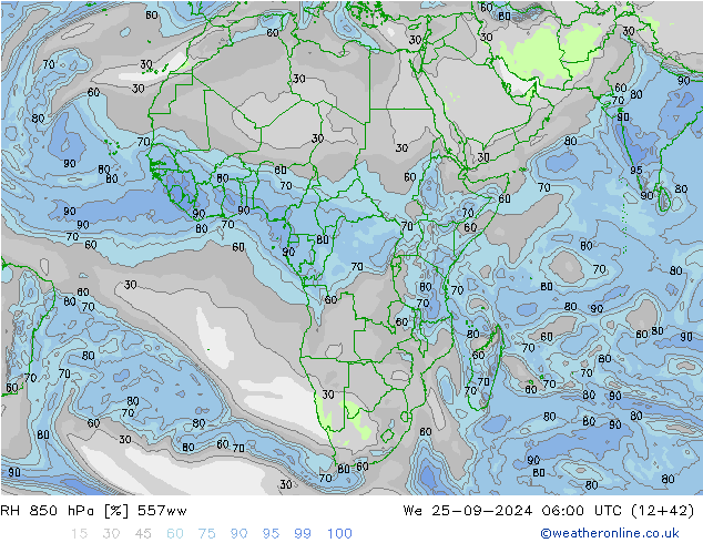 850 hPa Nispi Nem 557ww Çar 25.09.2024 06 UTC