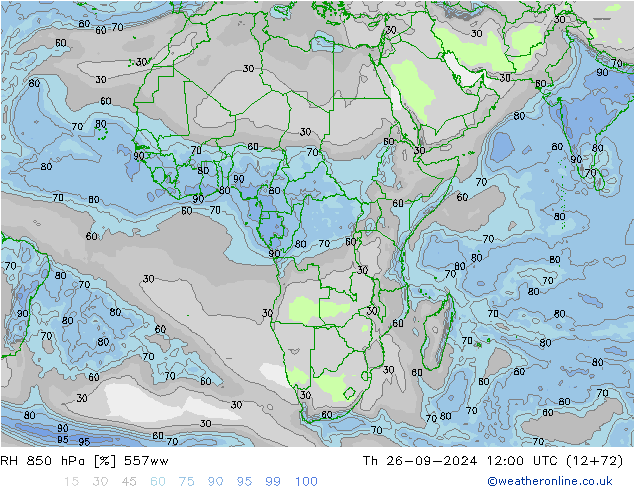 RH 850 hPa 557ww czw. 26.09.2024 12 UTC